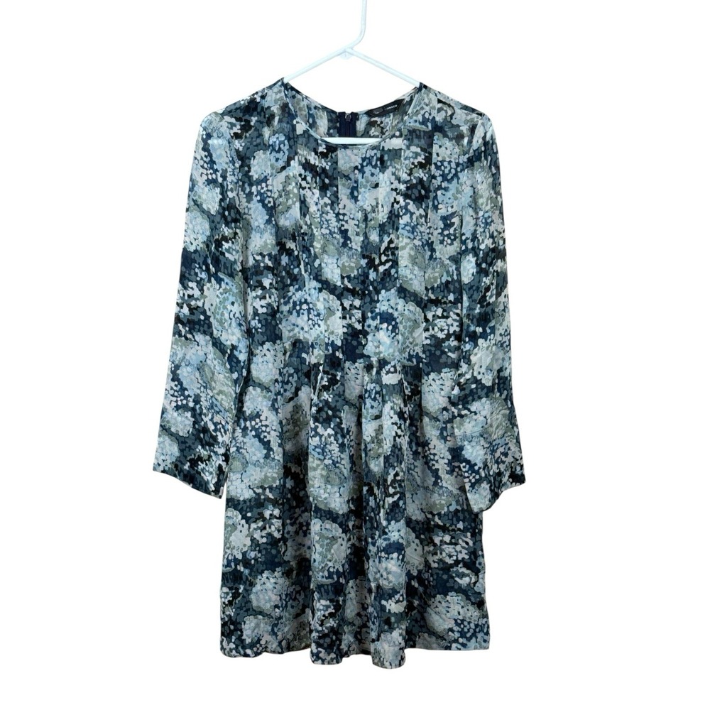 Club Monaco Long Sleeve 100% Silk Mini Dress Blue Gray Watercolor Size 4